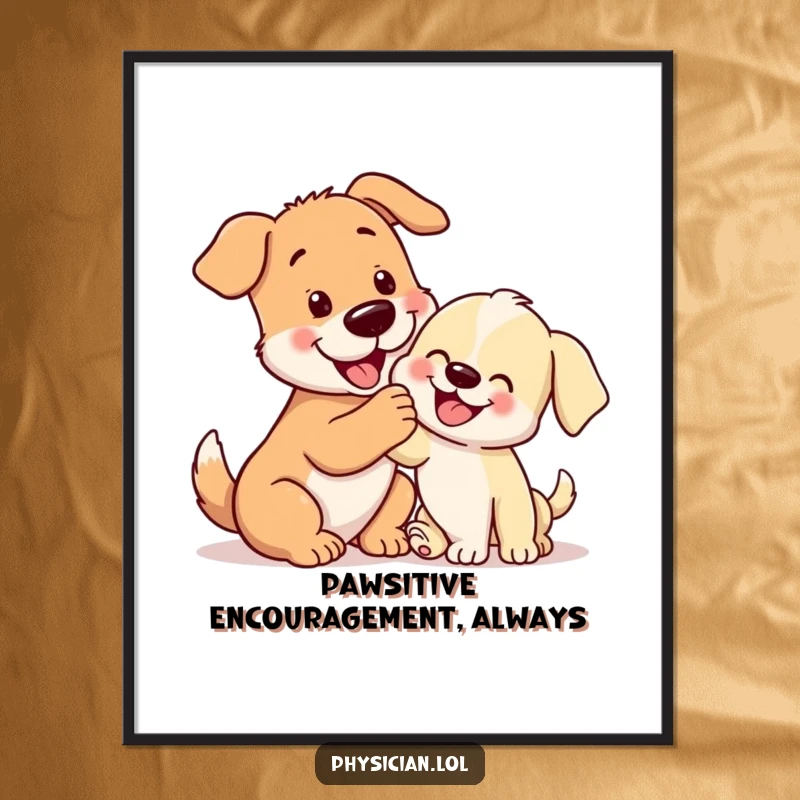 Funny Free Printable Wall Art: A large, playful dog gently pats a small, cheerful puppy. Heartwarming and cute animal decor.
