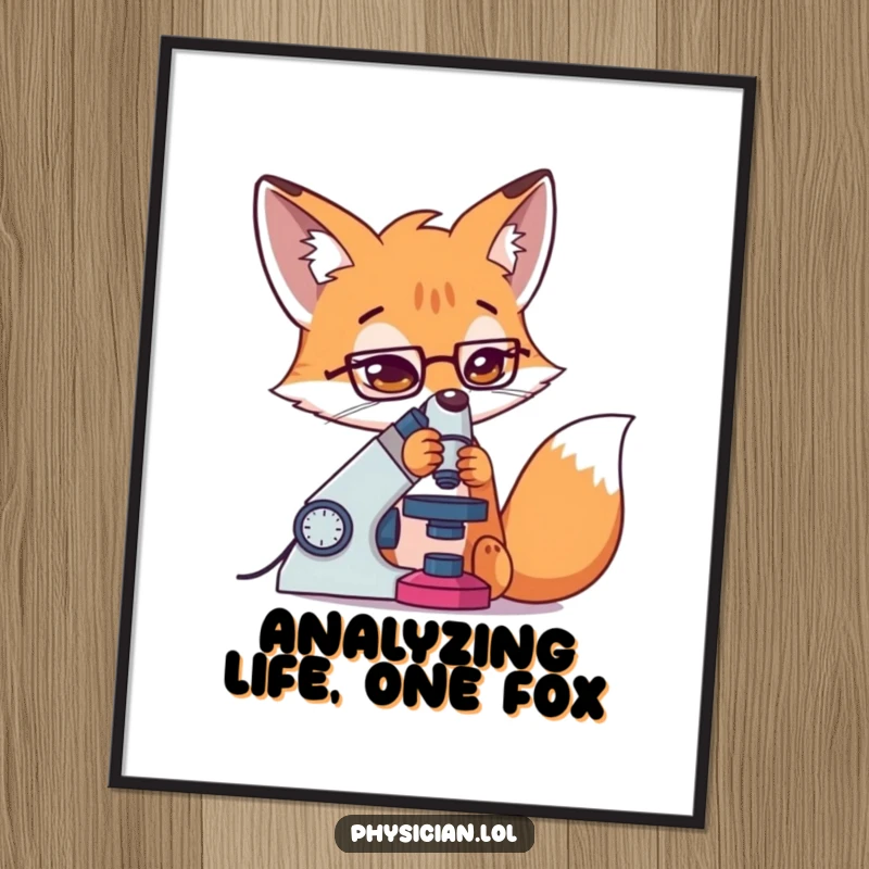 Funny Free Printable Wall Art: Determined fox intensely focused on a microscope, celebrating scientific curiosity.