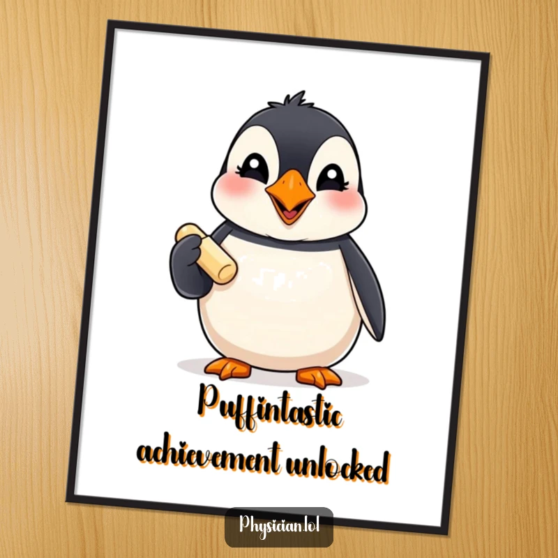 Funny Free Printable Wall Art: Giggling puffin with a cheerful expression offers a small pill, a dose of downloadable humor for your walls.
