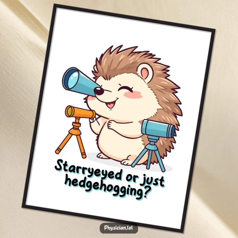 Funny Free Printable Wall Art: Giggling hedgehog operating a tiny telescope, looking at stars, humorous home decor.