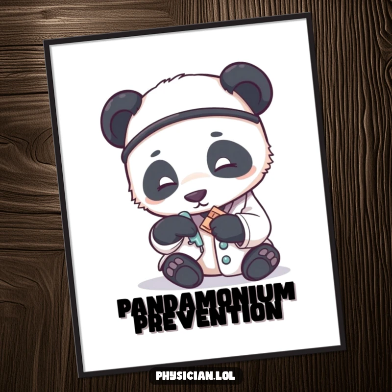 Funny free printable wall art: a panda doctor with a kind expression applying a small bandage with delicate care.