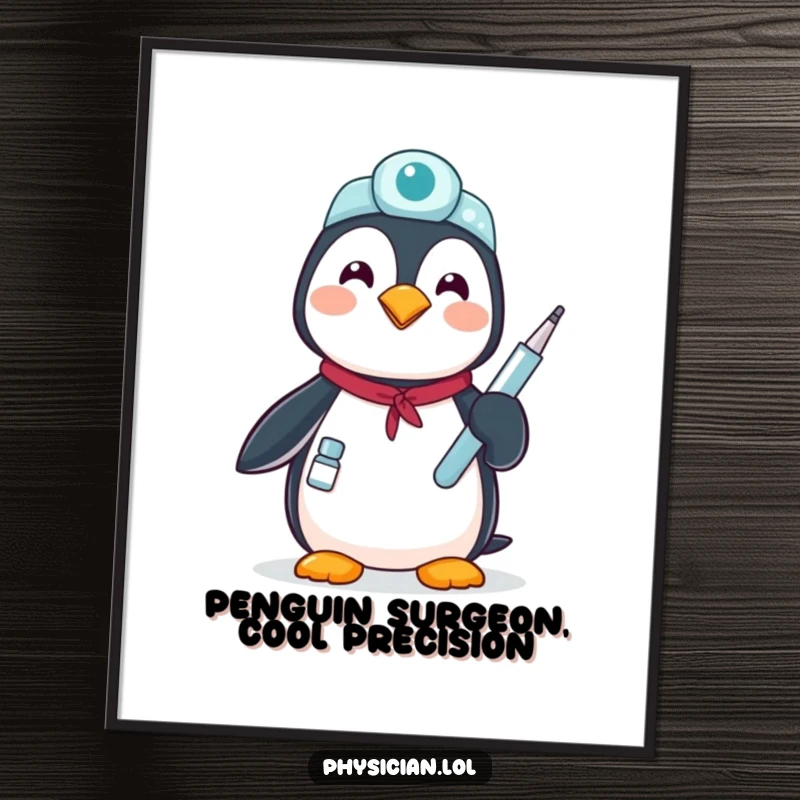 Funny Free Printable Wall Art of a proud penguin holding a medical instrument, a humorous doctor, downloadable decor.