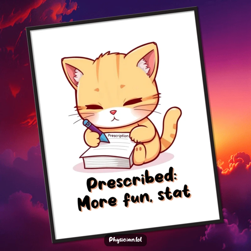 Funny free printable wall art: A focused cat doctor meticulously writes a prescription on a tiny notepad, offering medical humor.