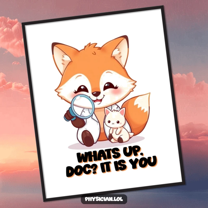 Funny free printable wall art: A focused fox with a magnifying glass examines a tiny creature with a comical, scholarly grin.