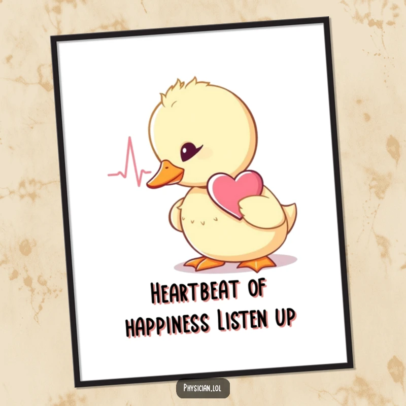 Funny Free Printable Wall Art: A wobbly duckling intently listening to a heartbeat, a sweet downloadable art piece.