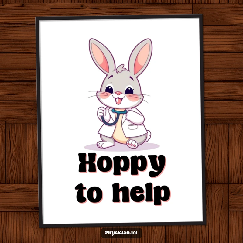 Funny free printable wall art featuring a happy bunny doctor stethoscope in paw, ready for their next patient.