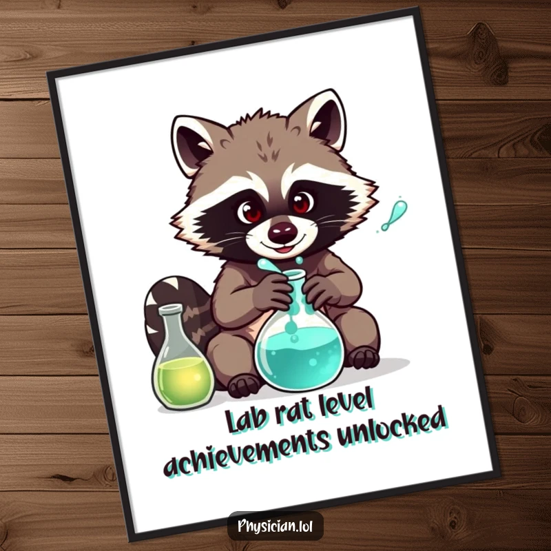 Funny Free Printable Raccoon Mad Scientist Wall Art: Mischievous raccoon in lab coat, concocting a bizarre potion in beaker.