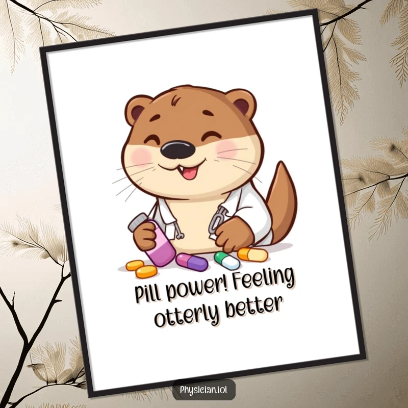 Funny Free Printable Wall Art: A cheerful otter doctor prescribing colorful pills, a delightful downloadable art piece.