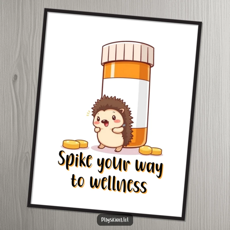 Funny Free Printable Hedgehog Pill Bottle Wall Art: Tiny hedgehog humorously bumping into a giant pill bottle, quirky decor.