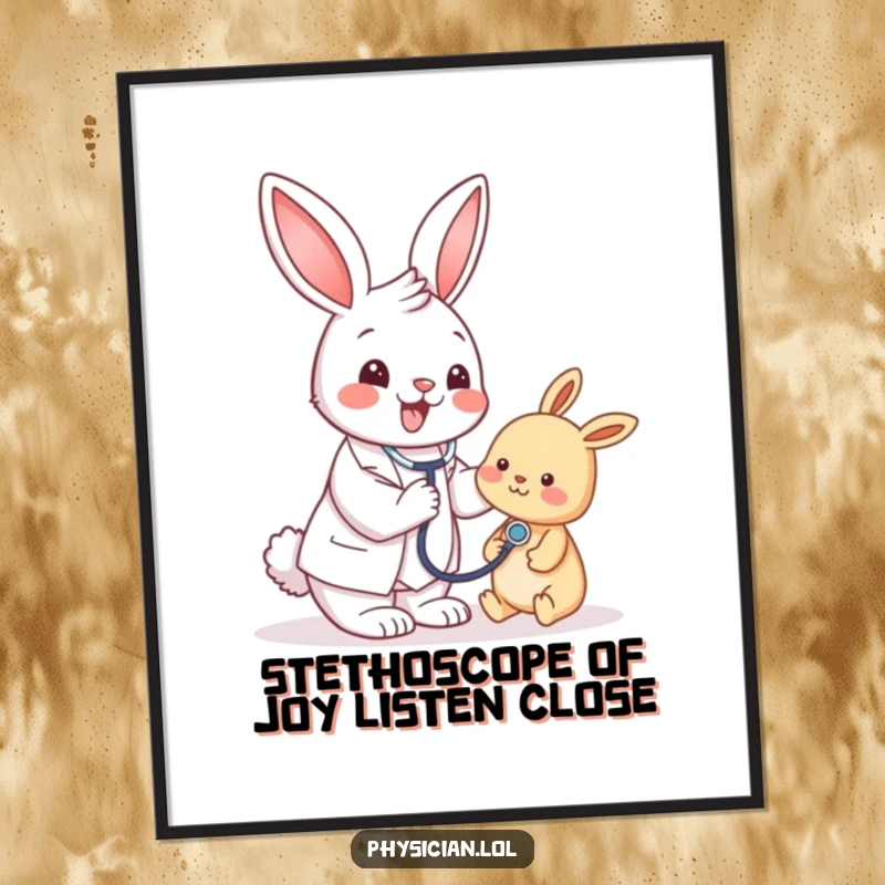 Funny Free Printable Wall Art: A happy bunny doctor stethoscope checkup design, ideal for a funny downloadable gift.