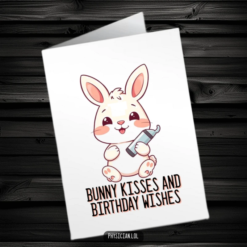 Funny Free Printable Birthday Card: a happy bunny holds a tiny syringe with a gentle smile for a shot.