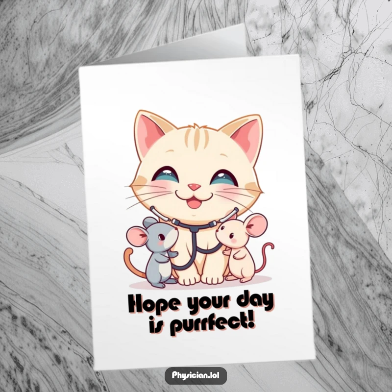 Funny Free Printable Birthday Card: A smiling cat doctor with a stethoscope listens to a toy mouse, offering birthday well wishes.