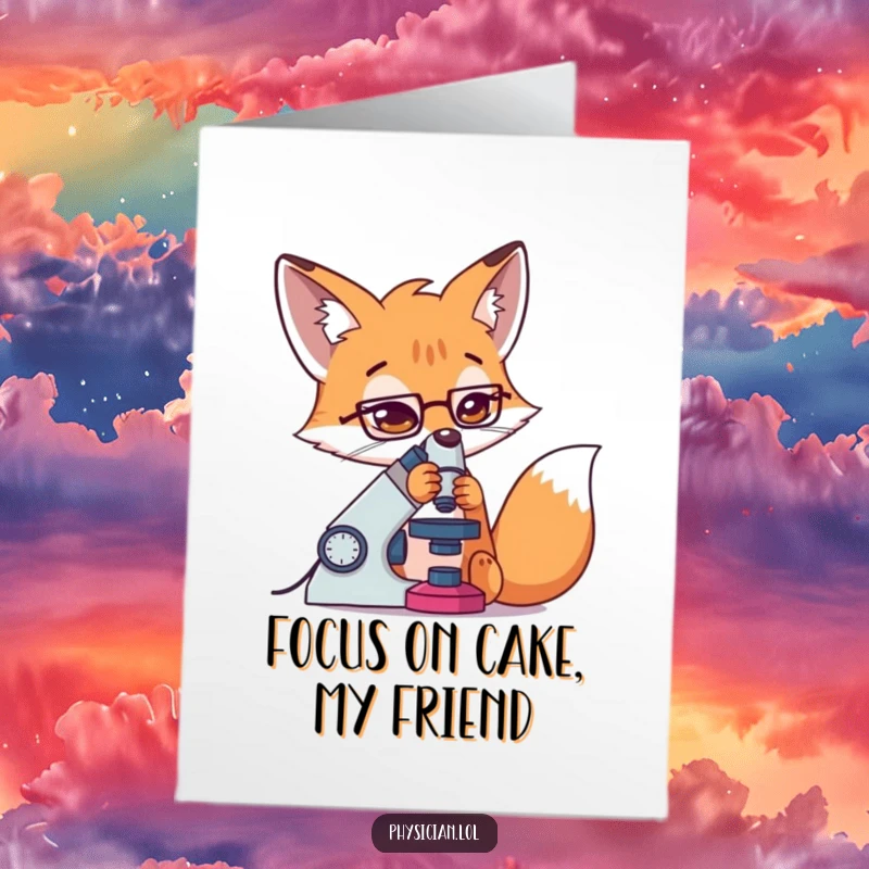 Funny Free Printable Birthday Card: Determined fox peering intently into a microscope, celebrating intellect.