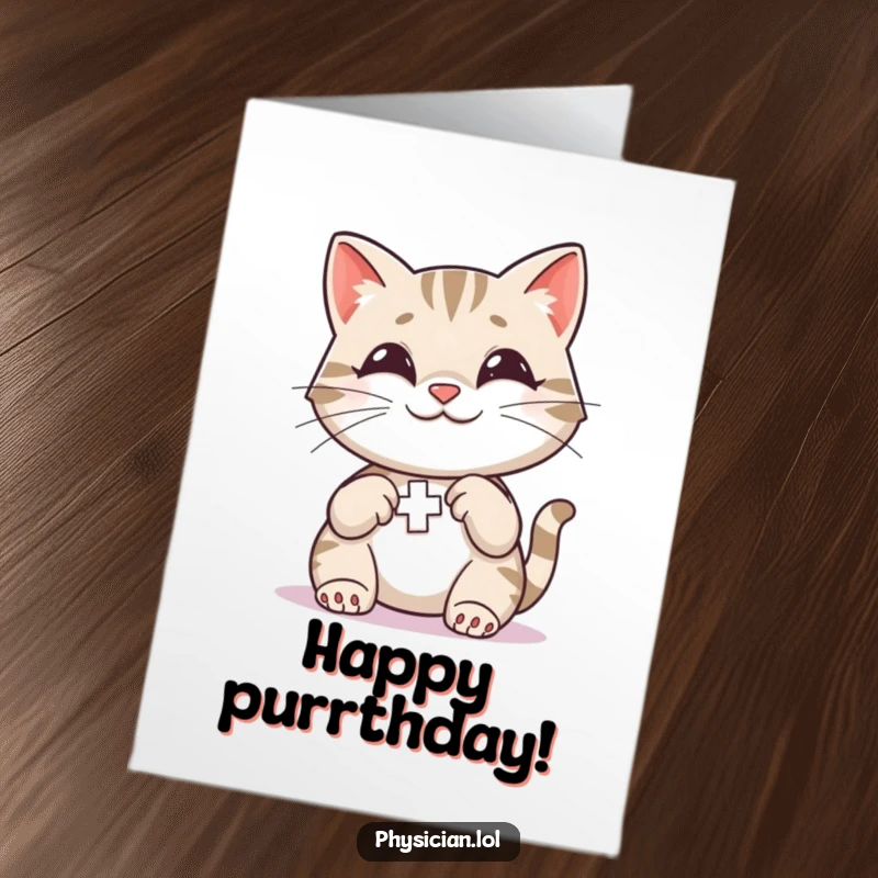 Funny Free Printable Birthday Card: Smiling cat applying a small bandage, a humorous downloadable greeting for a happy birthday.