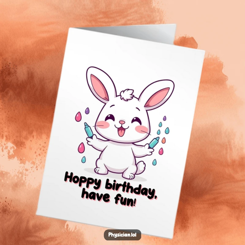 Funny Free Printable Birthday Card: A cheerful bunny administers colorful drops, a unique DIY gift with a happy vibe.