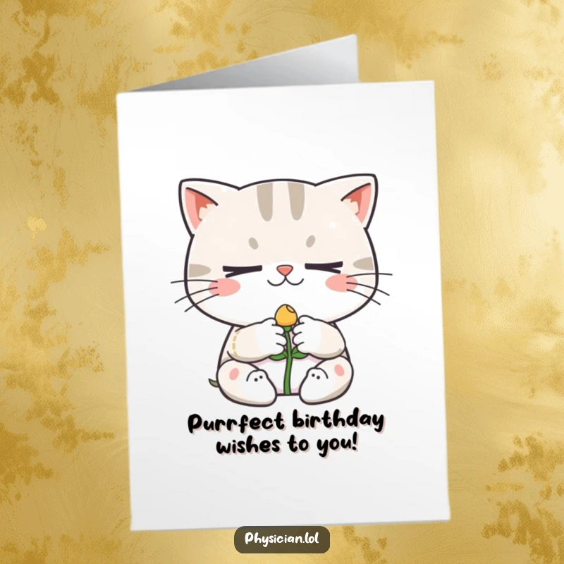 Funny Free Printable Birthday Card: A determined cat bandages a smiling sprout, a unique DIY gift with a healing touch.