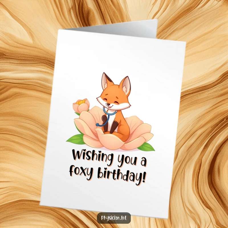 Funny Free Printable birthday card: A smiling fox intently listens to a giant flower with a stethoscope, offering birthday wishes.