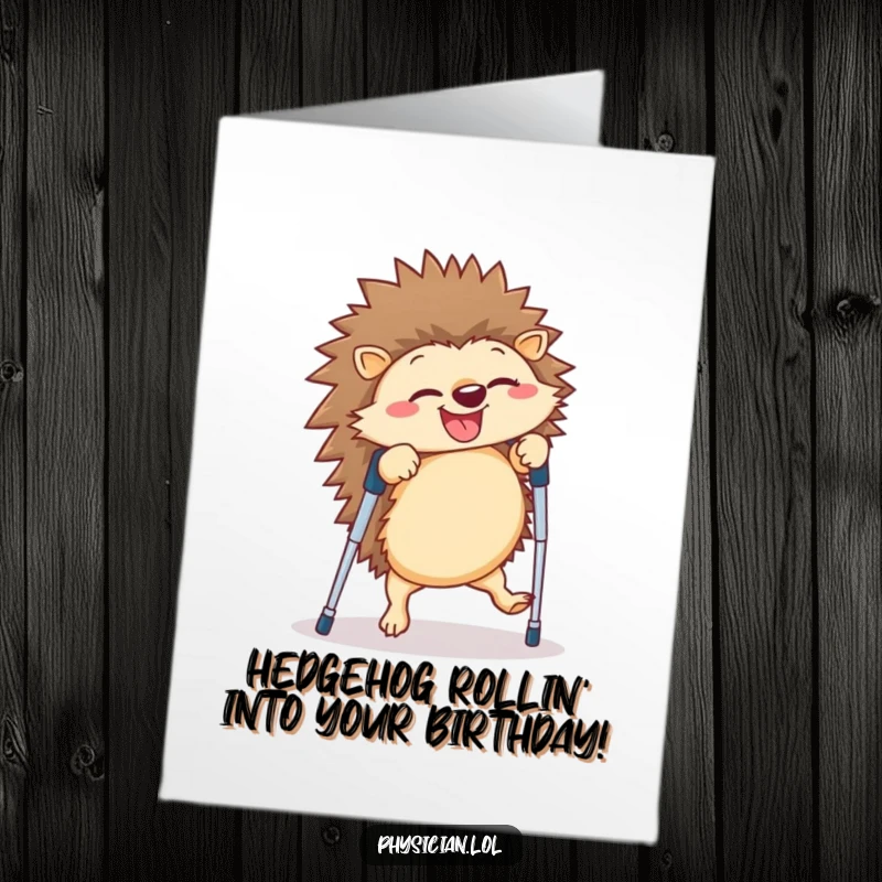 Funny Free Printable Birthday Card: Giggling hedgehog doing a wobbly cartwheel on crutches, an absurd and hilarious design.