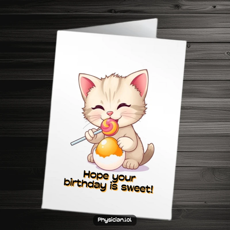 Funny Free Printable birthday card: A happy kitten wearing a doctor's hat prescribes a colorful lollipop to a bewildered egg.
