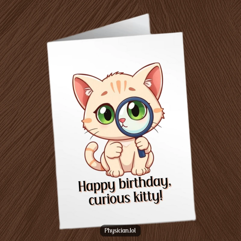 Funny Free Printable Birthday Card: A curious cat with a magnifying glass, wide-eyed, investigating details for a birthday wish.