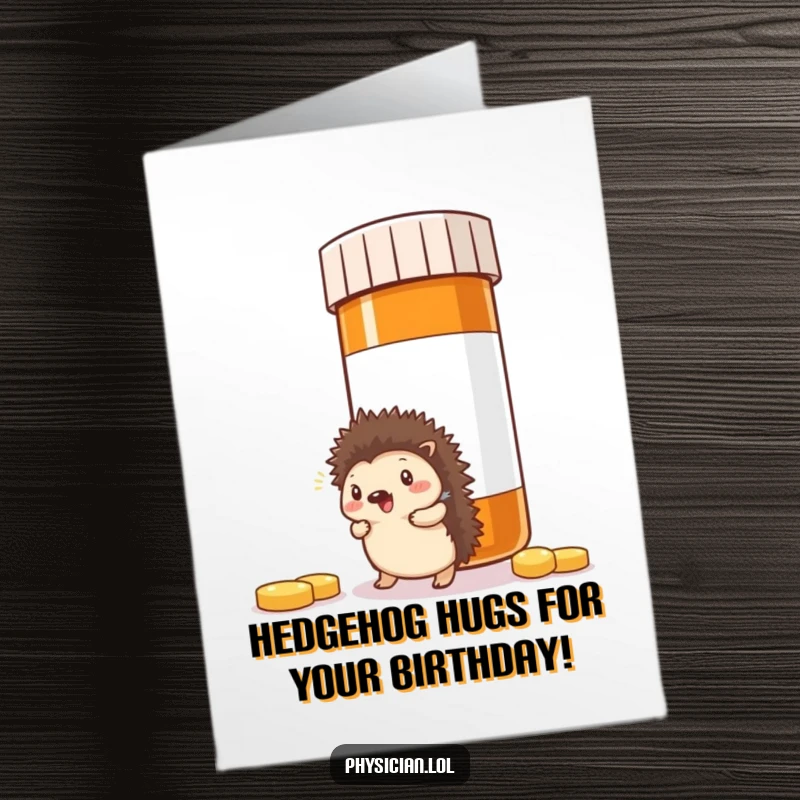 Funny Free Printable Hedgehog Birthday Card: Tiny hedgehog comically bumping into a giant pill bottle, wishing happy birthday.