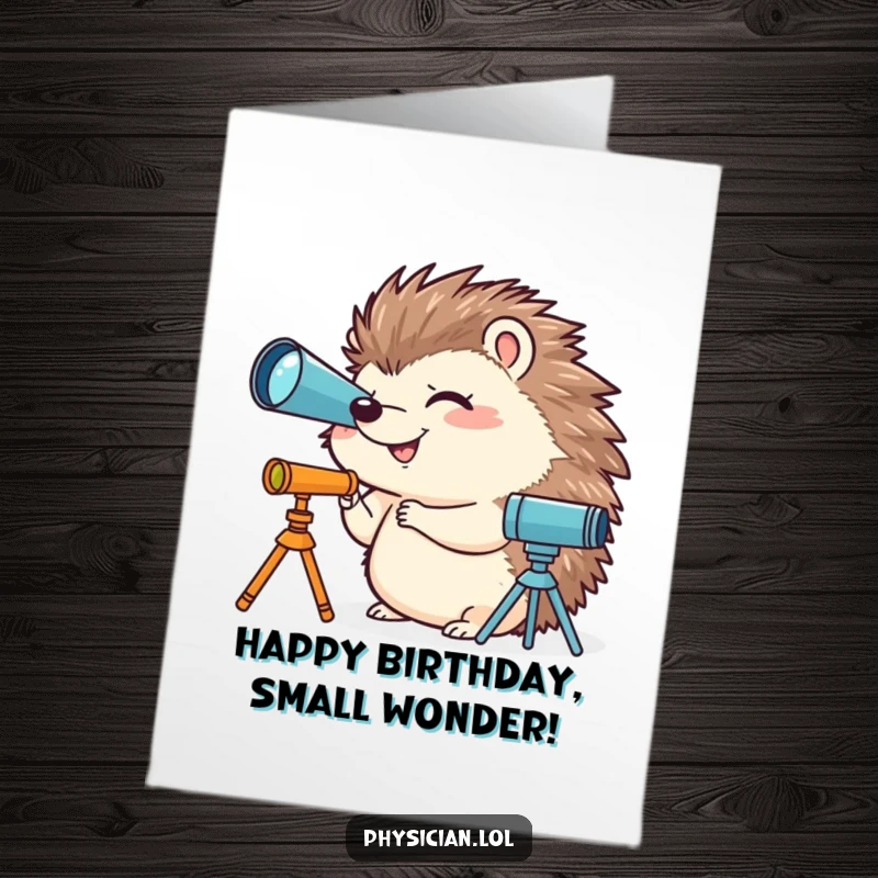Funny Free Printable Birthday Card: Giggling hedgehog peering through a miniature telescope, celebrating with cosmic humor.