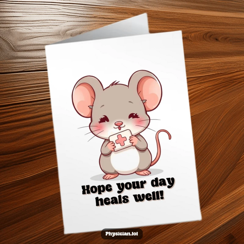 Funny Free Printable Birthday Card: Shy mouse gently offering a small bandage, conveying sweet and caring birthday wishes.