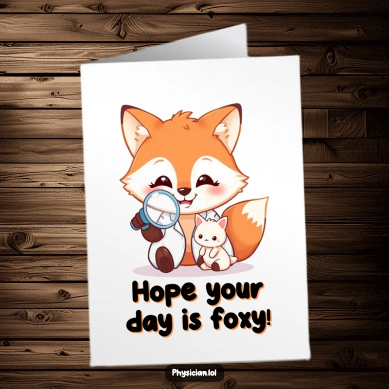 Funny free printable birthday card: A cheerful fox doctor examines a tiny patient with a magnifying glass, ready for a birthday check-up.