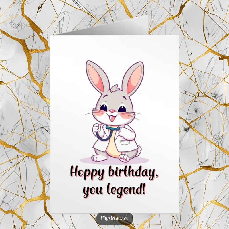 Funny free printable birthday card: a smiling bunny doctor happily listening to a patient with a stethoscope.