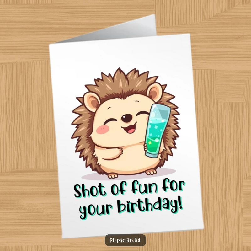 Funny Free Printable Birthday Card: A giggling hedgehog cheerfully giving a shot, celebrating birthdays with medical humor.