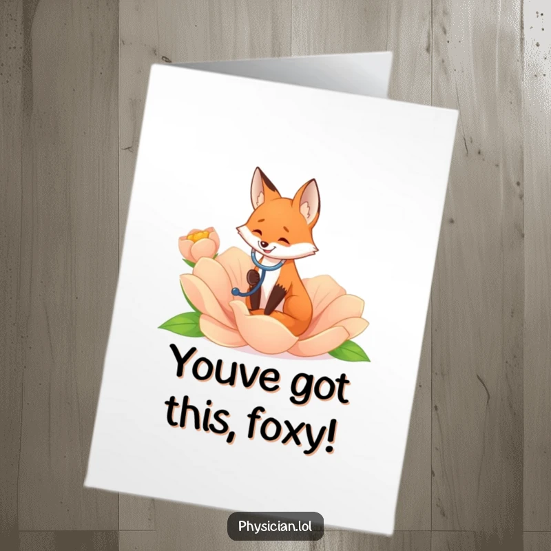 Funny Free Printable congratulations card: A smiling fox uses a stethoscope to 'diagnose' a giant flower, celebrating achievements.