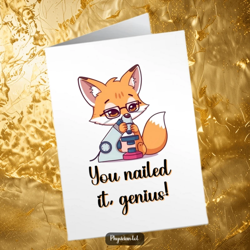 Funny Free Printable Congratulations Card: Determined fox intensely studying with a microscope, celebrating a breakthrough.