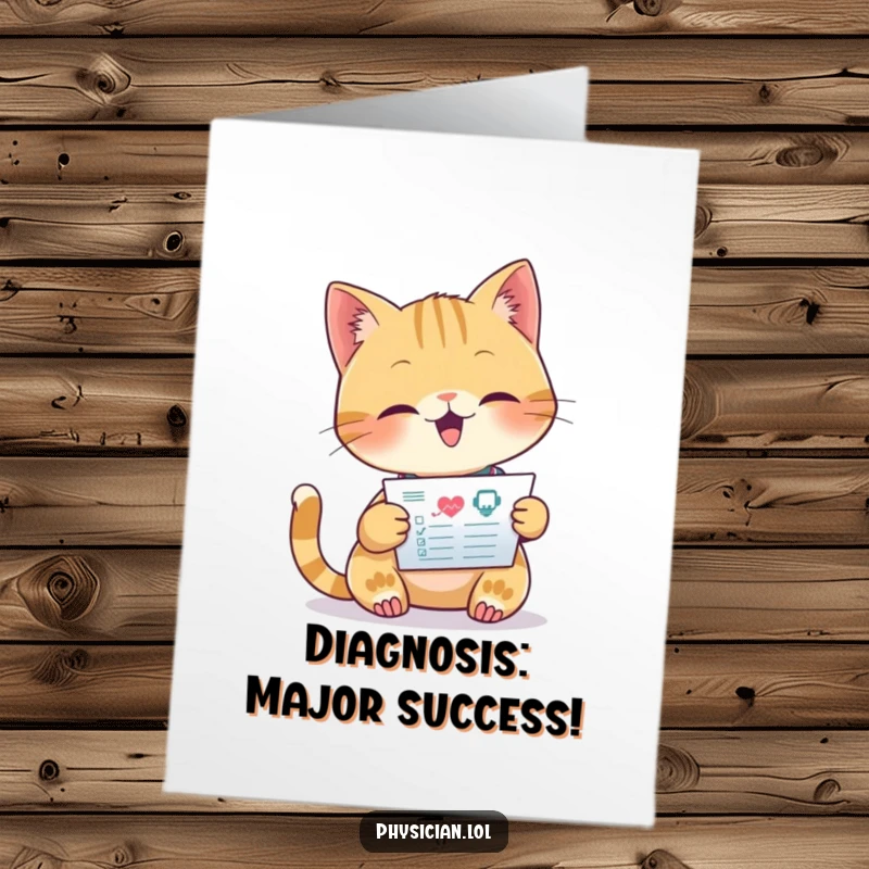 Funny Free Printable Congratulations Card: A focused cat doctor reviewing a medical chart, celebrating achievements with a healthy outlook.