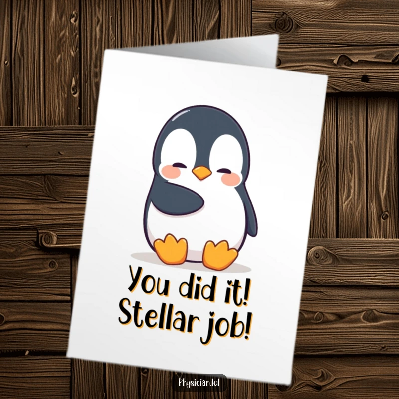 Funny Free Printable Congratulations Card: Shy penguin offering a gentle, encouraging pat, a sweet gesture.