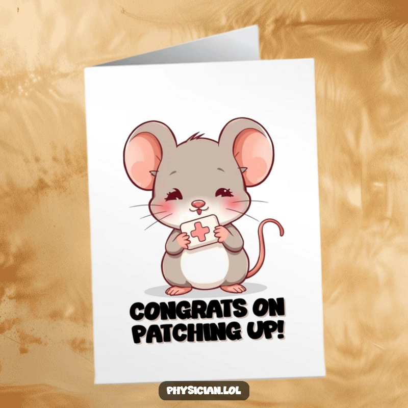 Funny Free Printable Congrats Card: Shy mouse extending a small bandage, a caring and humorous way to congratulate someone.