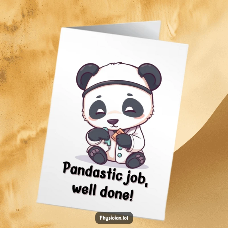 Funny free printable congratulations card: a panda doctor meticulously applying a tiny bandage with utmost precision.