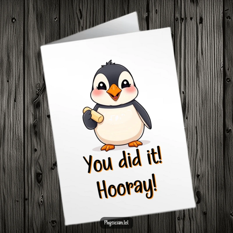 Funny Free Printable Congratulations Card: Giggling puffin presents a pill, a whimsical way to say congrats with downloadable joy.