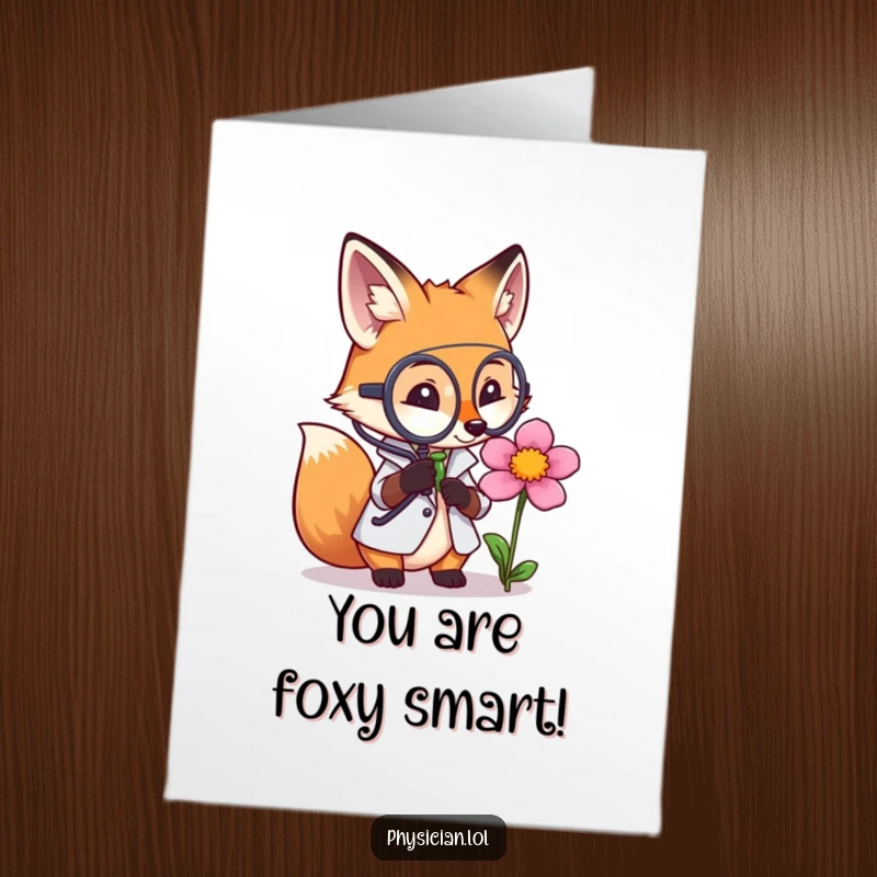 Funny free printable congratulations card: a fox doctor examining a flower closely with a magnifying glass, looking thoughtful.