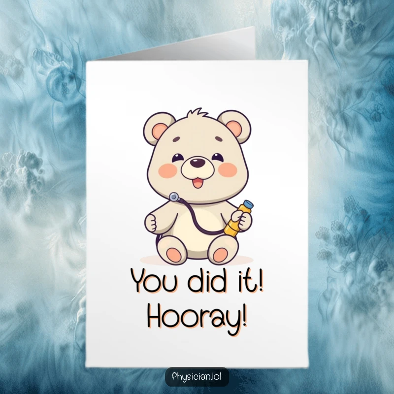 Funny Free Printable Congratulations Card: A happy bear doctor with a stethoscope, listening to a toy, offering cheerful congratulations.