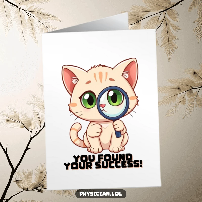 Funny Free Printable Congratulations Card: A curious cat holding a magnifying glass, wide-eyed, celebrating a discovered success.