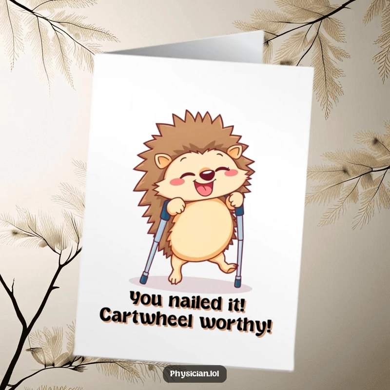 Funny Free Printable Congratulations Card: A giddy hedgehog attempting a cartwheel on crutches, celebrating success hilariously.