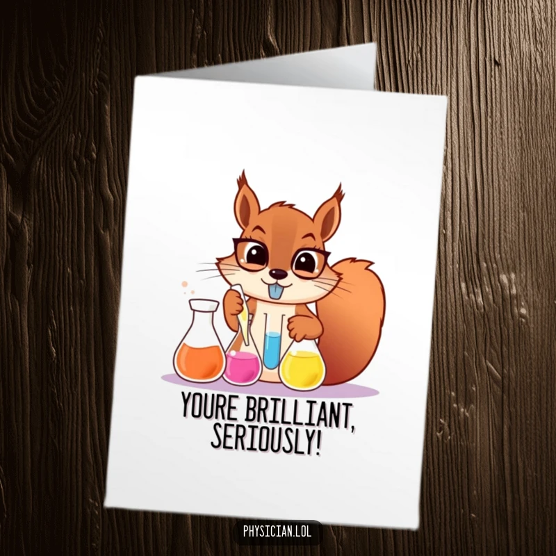 Funny Free Printable Congratulations Card: A focused squirrel chemist intently mixing colorful concoctions in laboratory beakers.