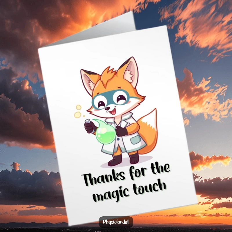 Funny Free Printable Thank You Card: A cheerful fox in a lab coat, examining a glowing potion, offering thanks for a scientific breakthrough.