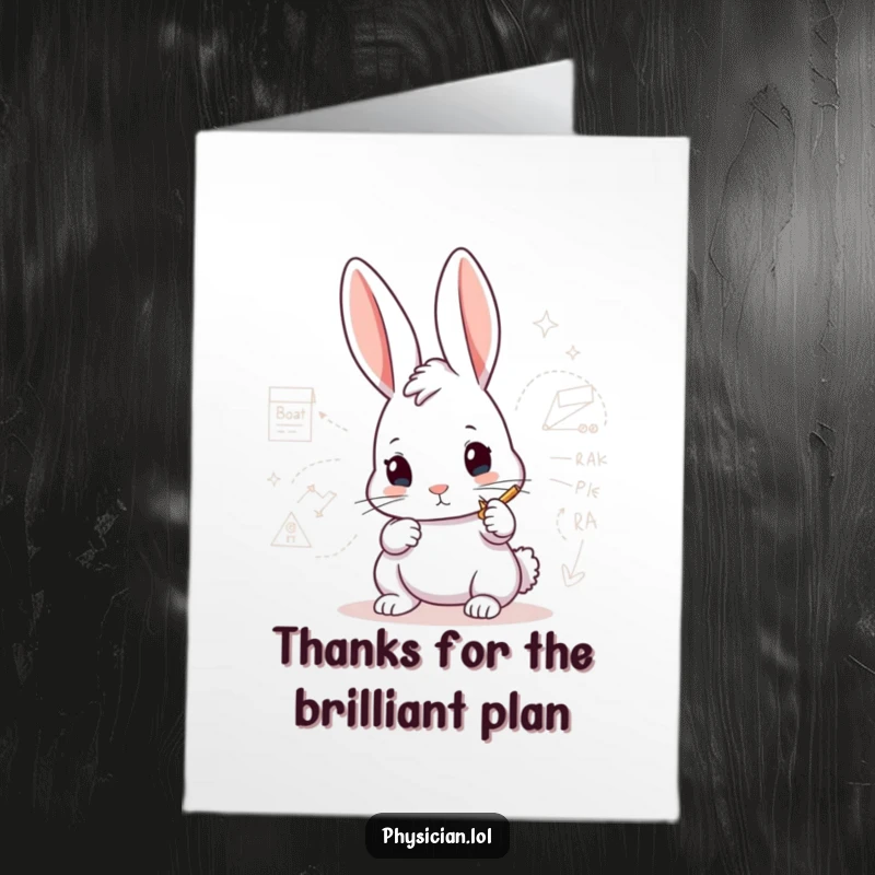 Funny Free Printable Thank You Card: A determined rabbit drawing a complex diagram, expressing thanks for careful planning.