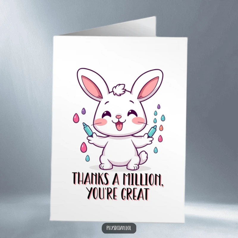 Funny Free Printable Thank You Card: A cheerful bunny administers colorful drops, a sweet way to say thank you.