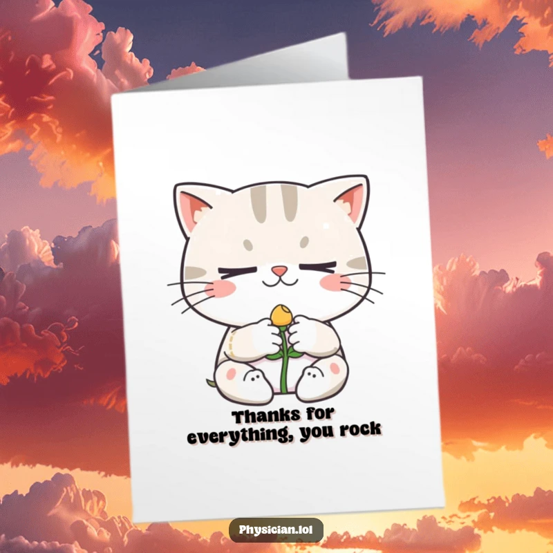 Funny Free Printable Thank You Card: A determined cat bandages a smiling sprout, a unique way to show you care.