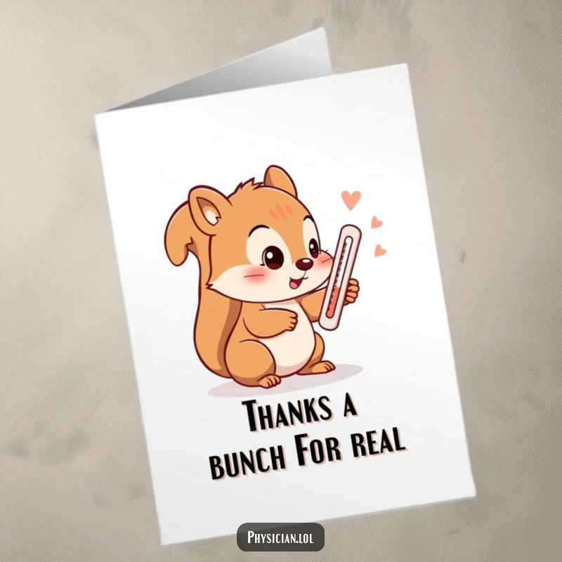 Free Printable Thank You Card: A playful squirrel holding a thermometer, great for showing thanks with humor.