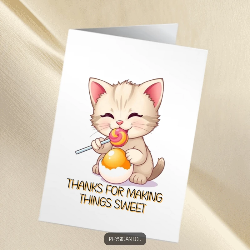 Funny Free Printable thank you card: A happy kitten prescribes a lollipop to an egg, expressing gratitude sweetly.
