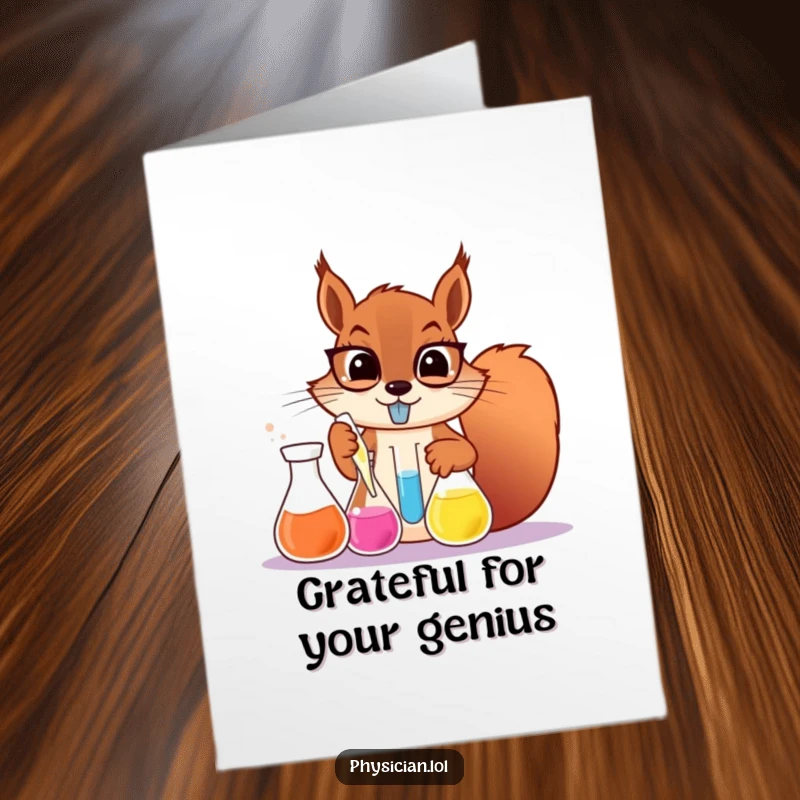 Funny Free Printable Thank You Card: A determined squirrel scientist mixing colorful liquids, expressing thanks with a quirky flair.