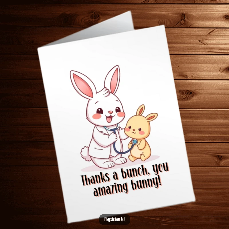 Funny Free Printable Thank You Card: A happy bunny doctor using a stethoscope for a friendly checkup.